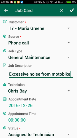 Field force job card in mobile app